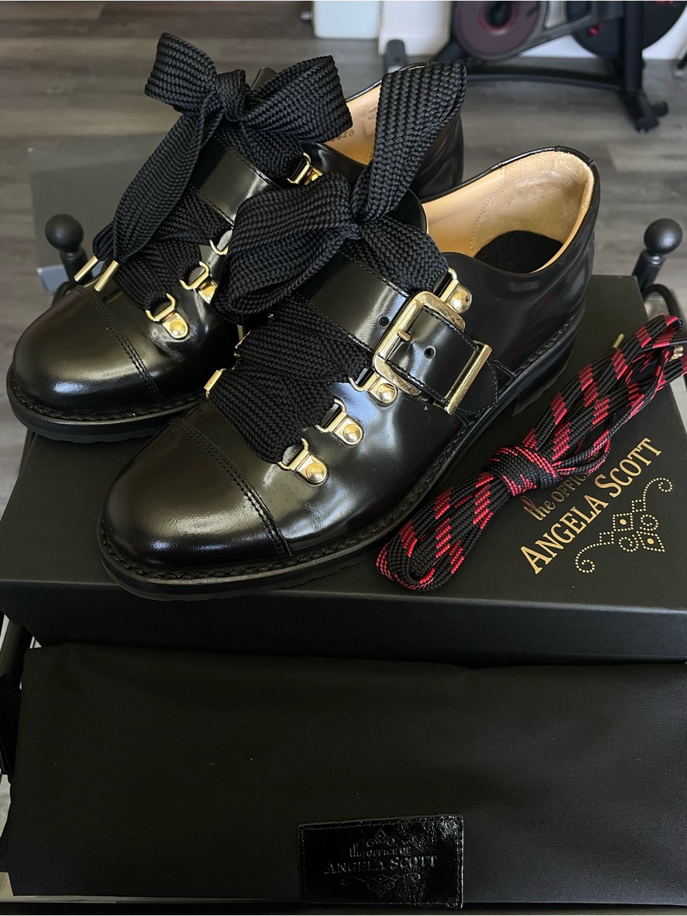 Angela Scott Black Leather Lace-Up Flats with Gold Hardware